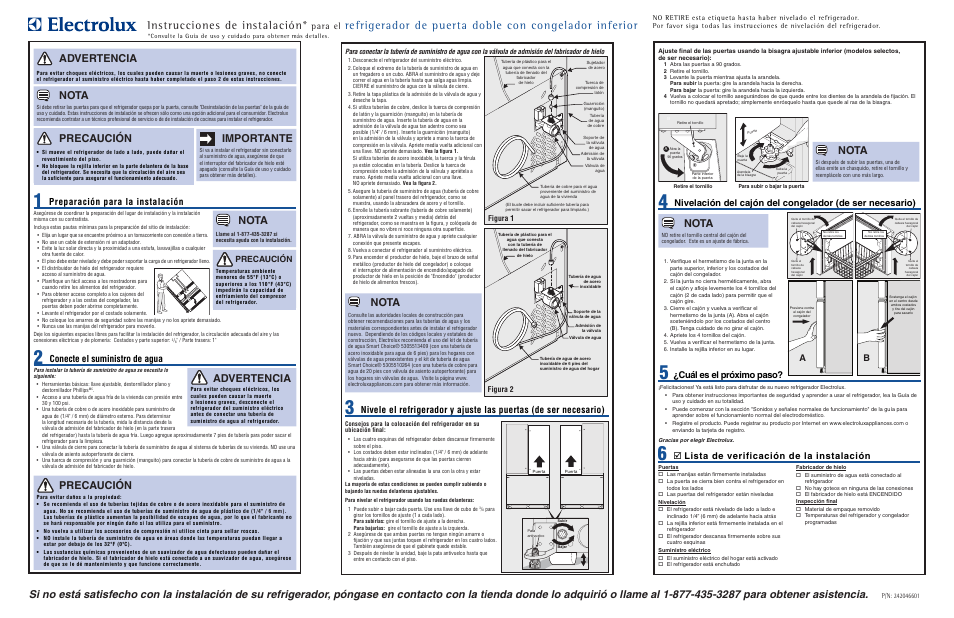 Instrucciones de instalación, Nota, Importante | Advertencia, Precaución, Para el, Cuál es el próximo paso, Conecte el suministro de agua, Figura 1, Figura 2 | Electrolux EI28BS80KS User Manual | Page 2 / 3