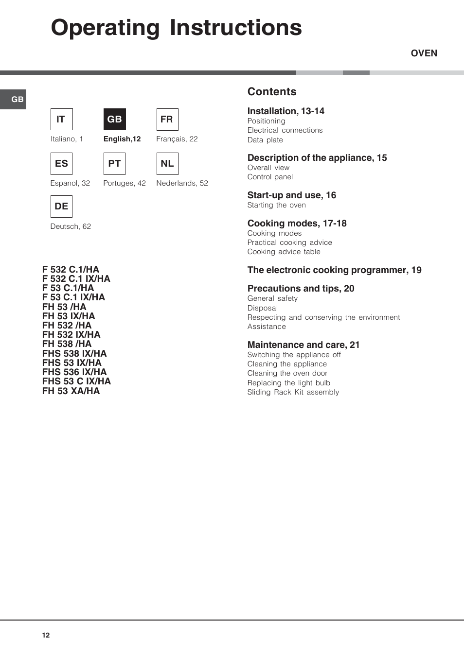 Hotpoint Ariston Style FH 53 IX-HA User Manual | Page 12 / 72