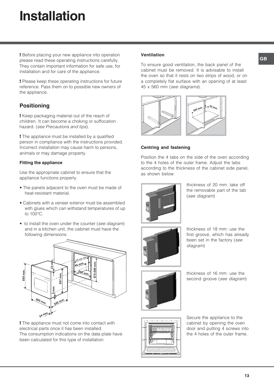 Installation, Positioning | Hotpoint Ariston Style FH 53 IX-HA User Manual | Page 13 / 72