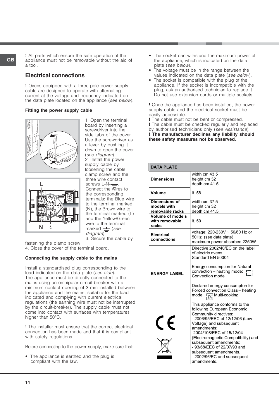 Electrical connections | Hotpoint Ariston Style FH 53 IX-HA User Manual | Page 14 / 72