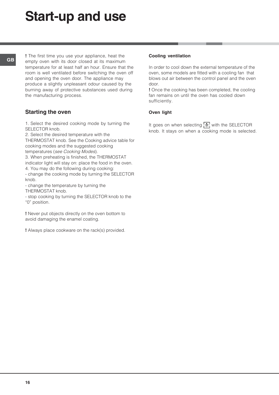 Start-up and use | Hotpoint Ariston Style FH 53 IX-HA User Manual | Page 16 / 72