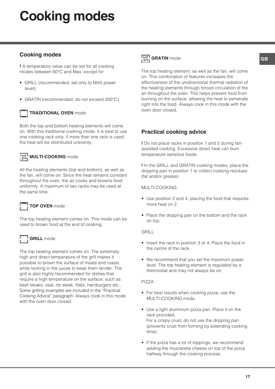 Cooking modes | Hotpoint Ariston Style FH 53 IX-HA User Manual | Page 17 / 72