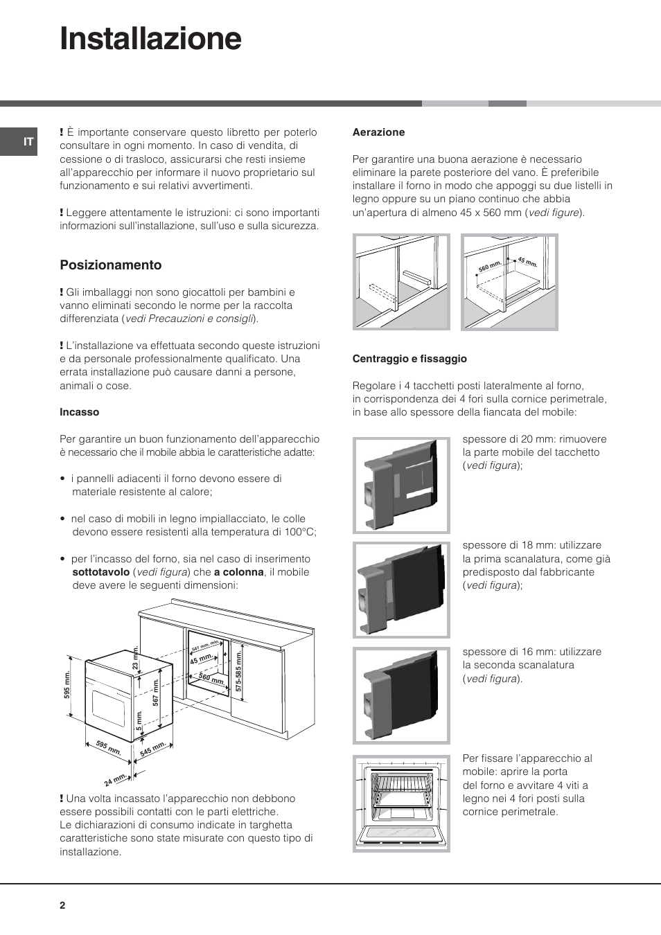 Installazione, Posizionamento | Hotpoint Ariston Style FH 53 IX-HA User Manual | Page 2 / 72