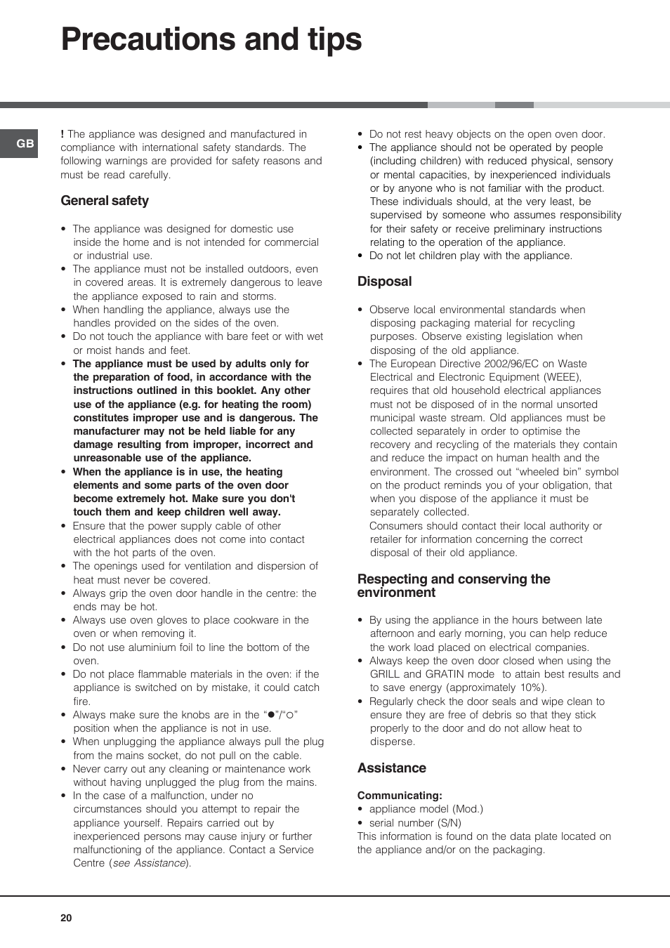 Precautions and tips | Hotpoint Ariston Style FH 53 IX-HA User Manual | Page 20 / 72