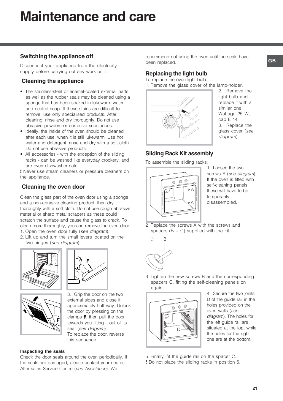 Maintenance and care | Hotpoint Ariston Style FH 53 IX-HA User Manual | Page 21 / 72