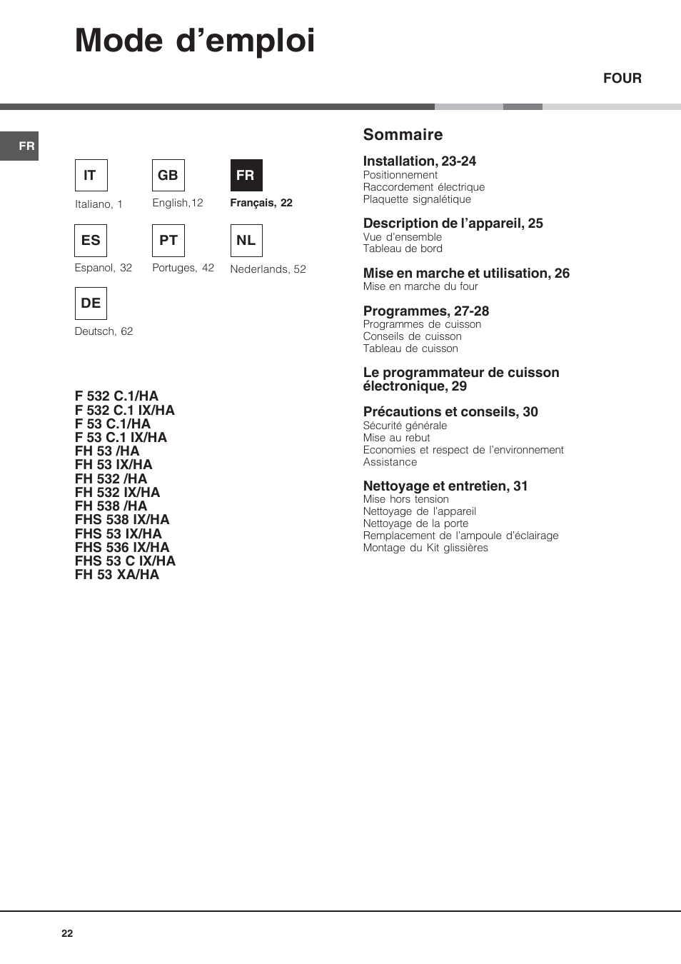 068299fr, Mode d’emploi, Sommaire | Hotpoint Ariston Style FH 53 IX-HA User Manual | Page 22 / 72