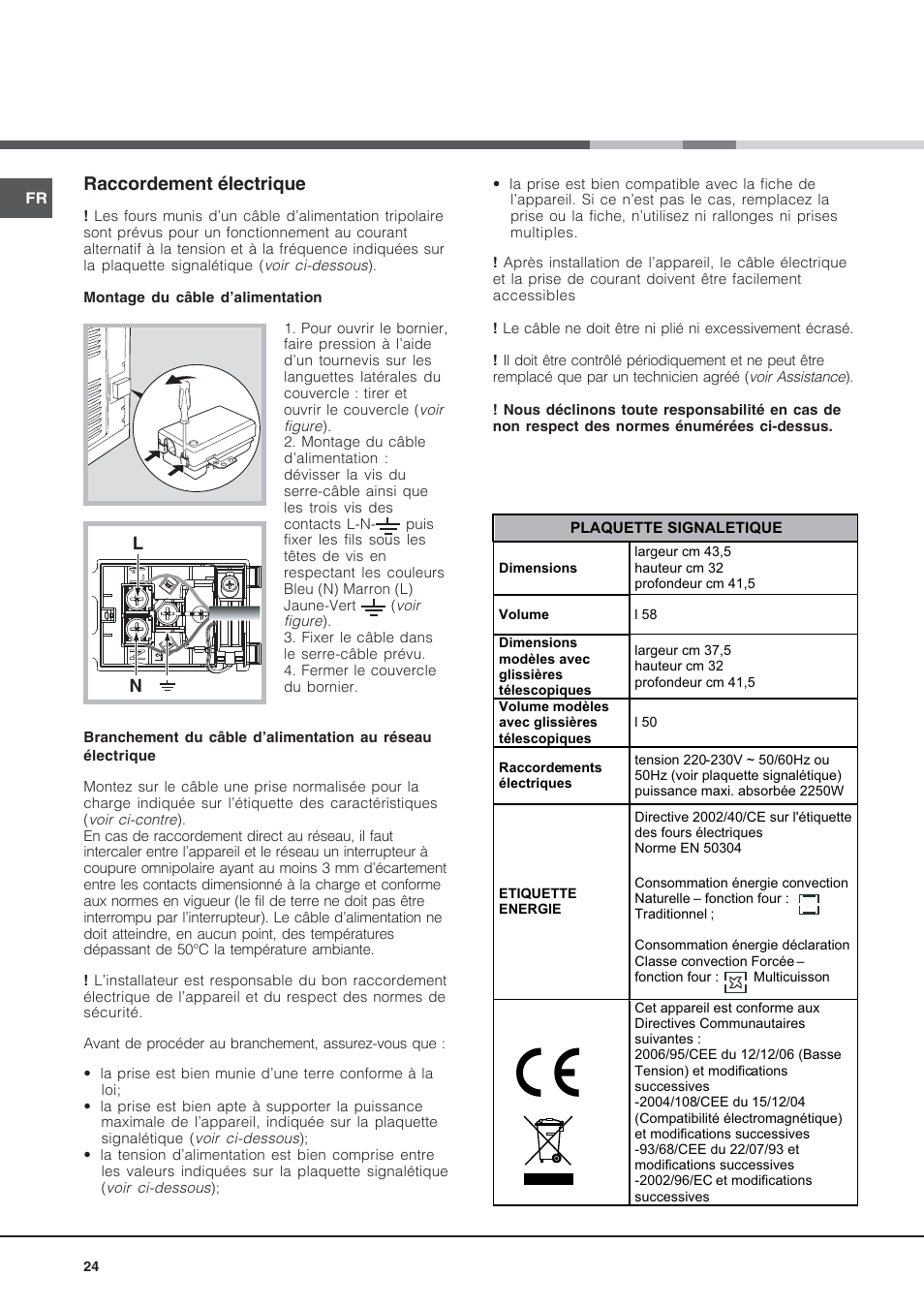 Raccordement électrique | Hotpoint Ariston Style FH 53 IX-HA User Manual | Page 24 / 72