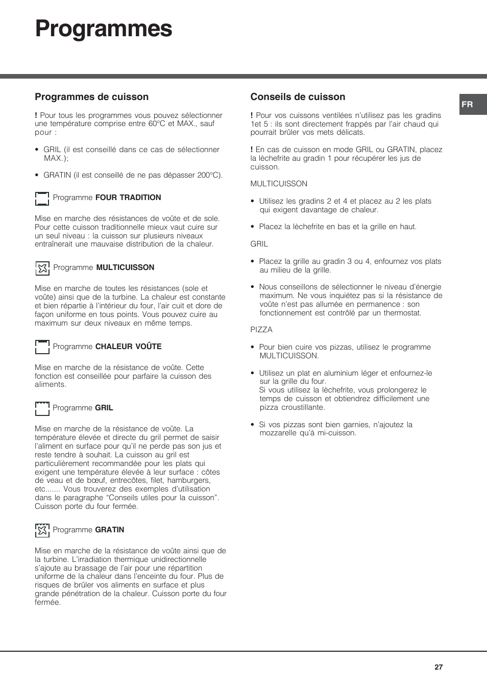 Programmes, Programmes de cuisson, Conseils de cuisson | Hotpoint Ariston Style FH 53 IX-HA User Manual | Page 27 / 72