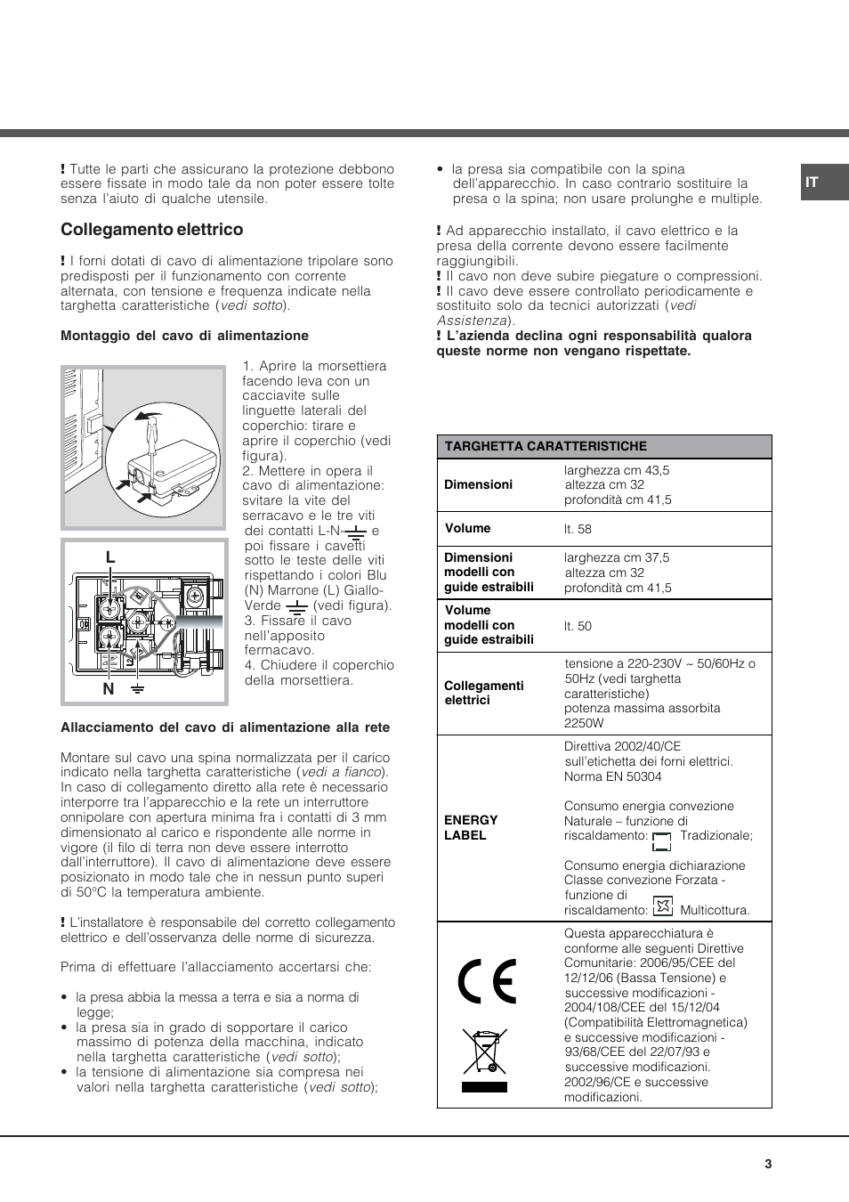 Collegamento elettrico | Hotpoint Ariston Style FH 53 IX-HA User Manual | Page 3 / 72