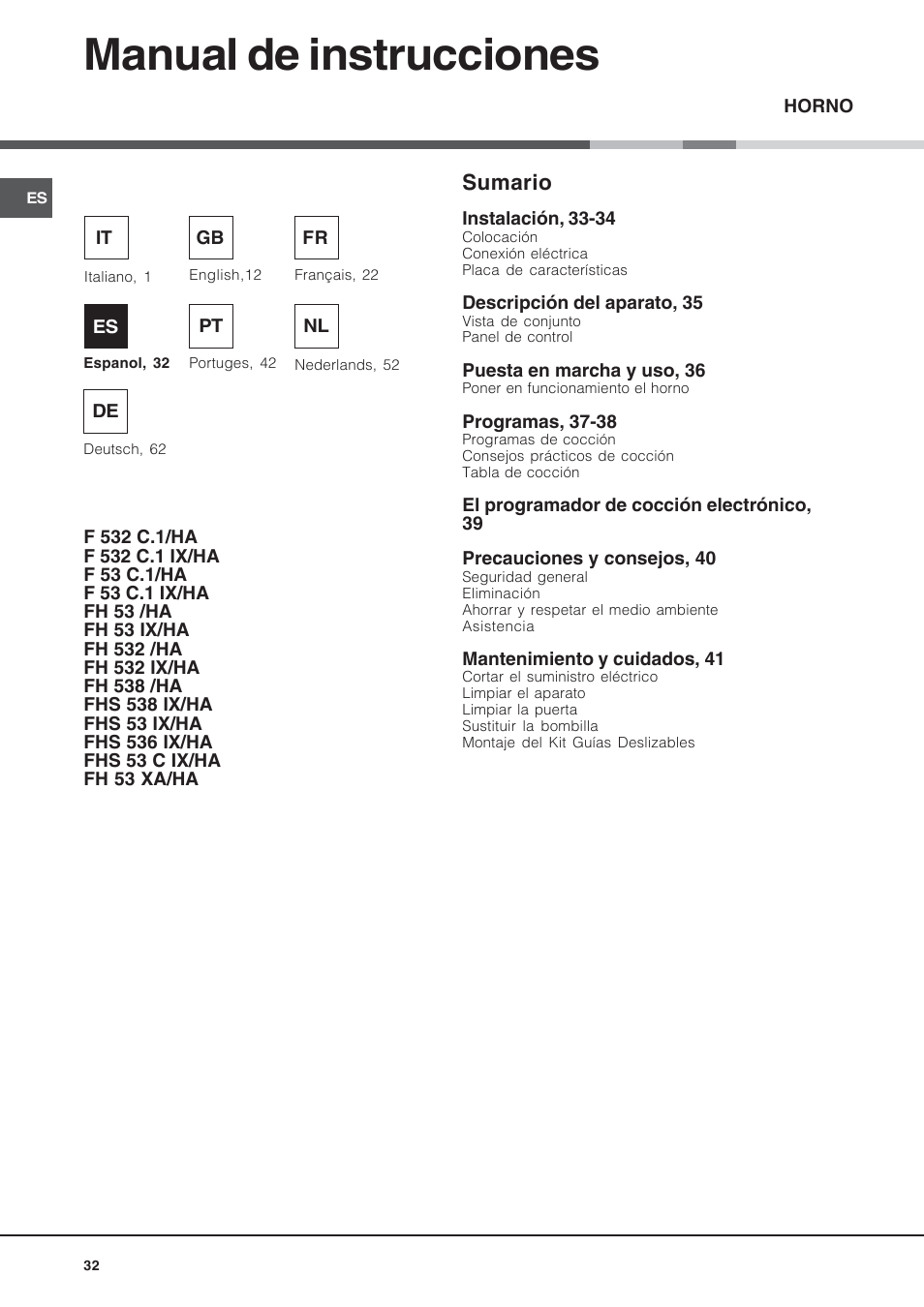 068299es, Manual de instrucciones, Sumario | Hotpoint Ariston Style FH 53 IX-HA User Manual | Page 32 / 72