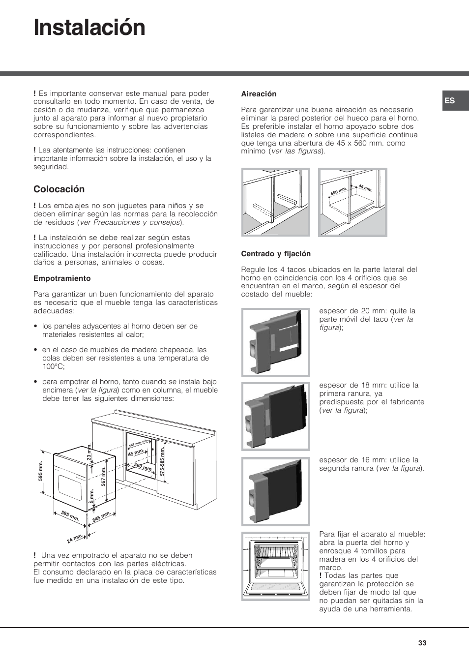 Instalación, Colocación | Hotpoint Ariston Style FH 53 IX-HA User Manual | Page 33 / 72