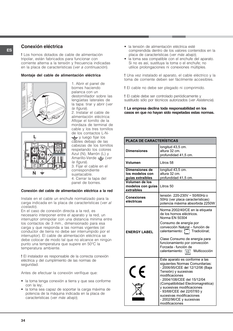 Conexión eléctrica | Hotpoint Ariston Style FH 53 IX-HA User Manual | Page 34 / 72