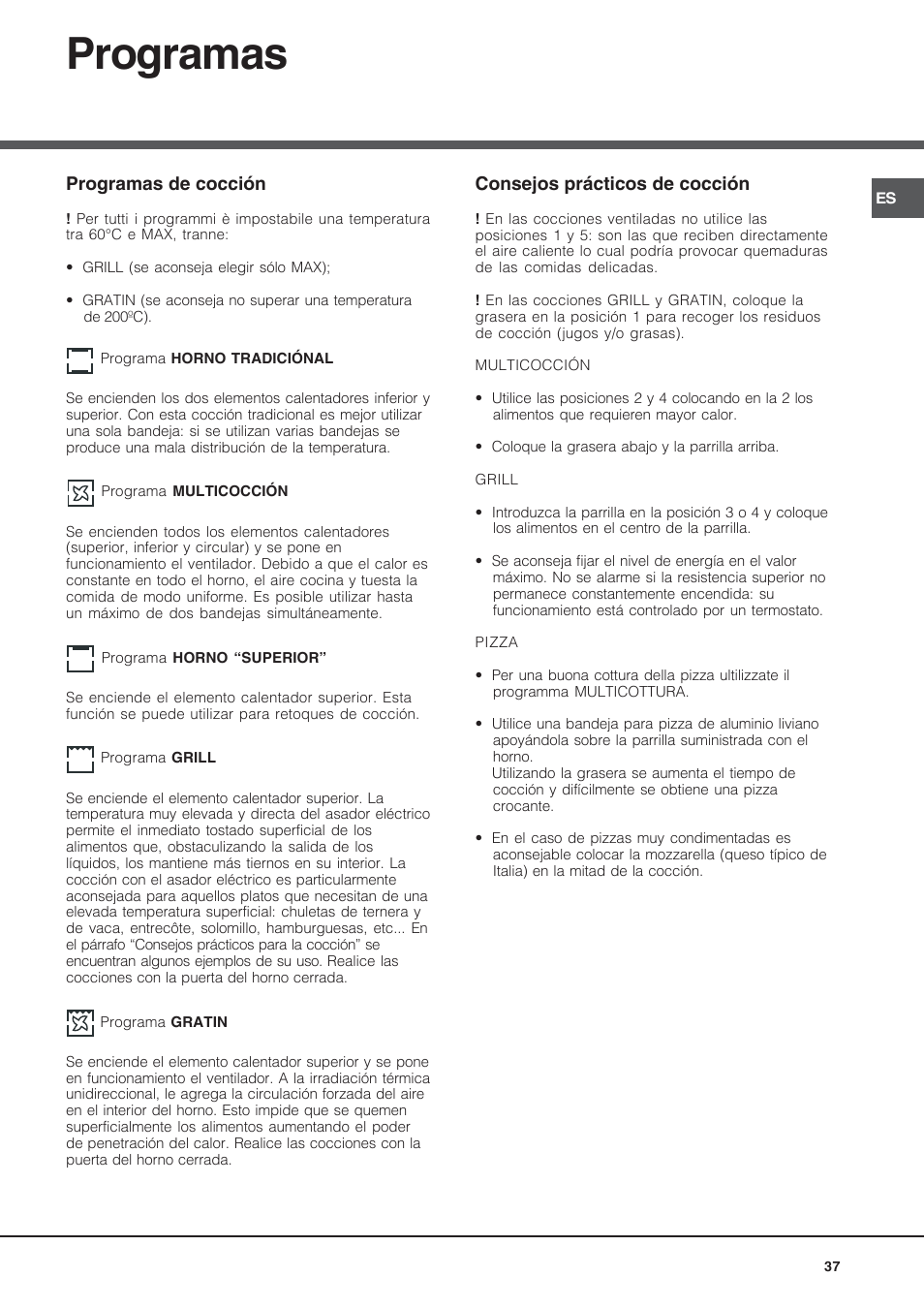 Programas, Programas de cocción, Consejos prácticos de cocción | Hotpoint Ariston Style FH 53 IX-HA User Manual | Page 37 / 72