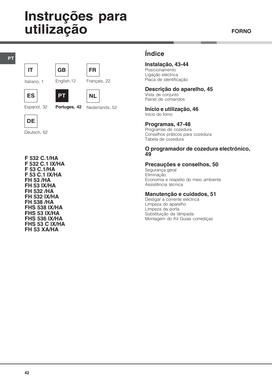 068299pt, Instruções para utilização, Índice | Hotpoint Ariston Style FH 53 IX-HA User Manual | Page 42 / 72