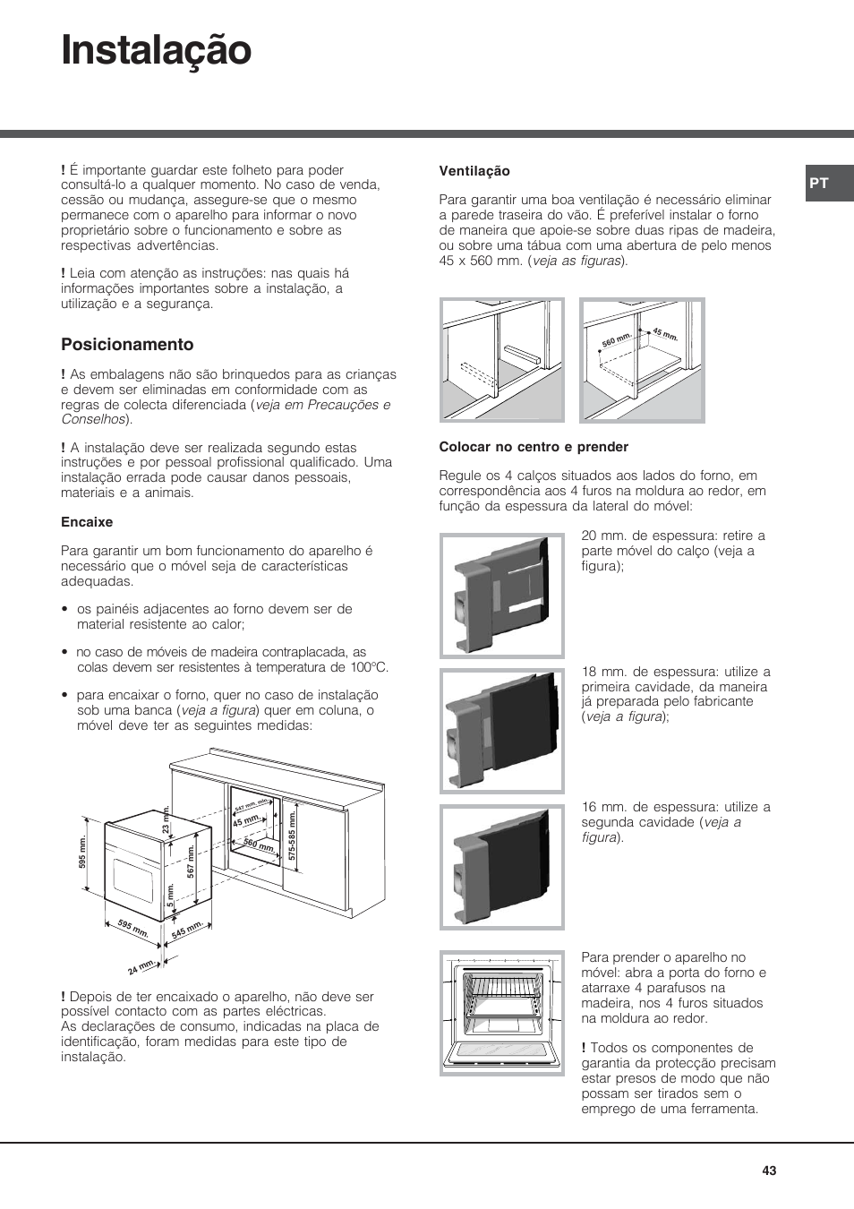 Instalação, Posicionamento | Hotpoint Ariston Style FH 53 IX-HA User Manual | Page 43 / 72