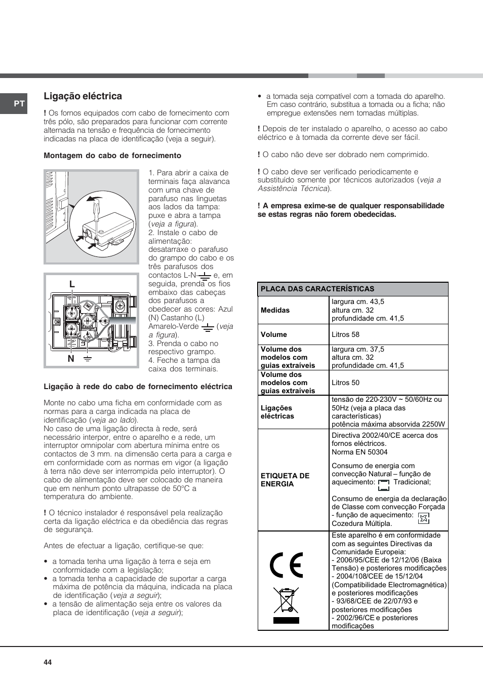 Ligação eléctrica | Hotpoint Ariston Style FH 53 IX-HA User Manual | Page 44 / 72