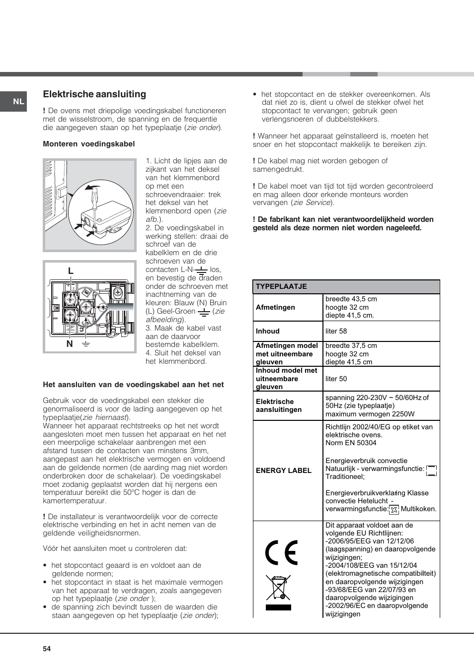 Elektrische aansluiting | Hotpoint Ariston Style FH 53 IX-HA User Manual | Page 54 / 72