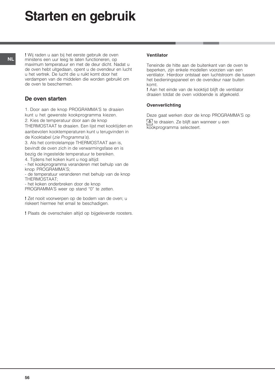 Starten en gebruik | Hotpoint Ariston Style FH 53 IX-HA User Manual | Page 56 / 72