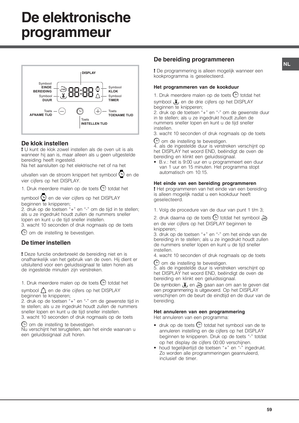 De elektronische programmeur, De klok instellen, De timer instellen | De bereiding programmeren | Hotpoint Ariston Style FH 53 IX-HA User Manual | Page 59 / 72