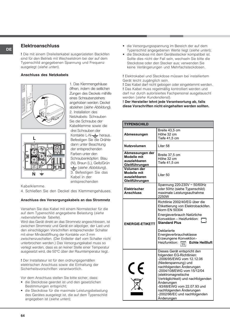 Elektroanschluss | Hotpoint Ariston Style FH 53 IX-HA User Manual | Page 64 / 72