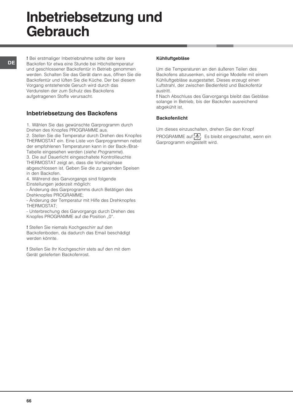 Inbetriebsetzung und gebrauch | Hotpoint Ariston Style FH 53 IX-HA User Manual | Page 66 / 72