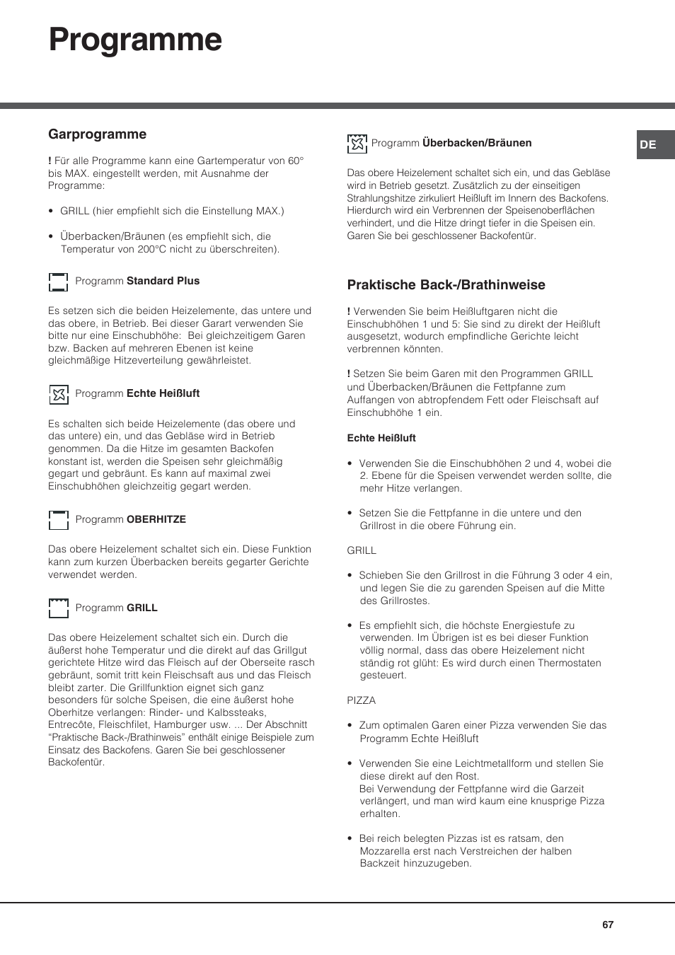 Programme, Garprogramme, Praktische back-/brathinweise | Hotpoint Ariston Style FH 53 IX-HA User Manual | Page 67 / 72