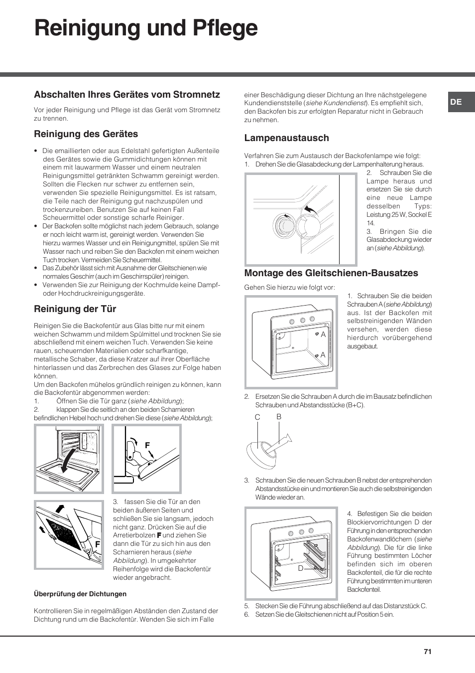 Reinigung und pflege, Abschalten ihres gerätes vom stromnetz, Reinigung des gerätes | Reinigung der tür, Lampenaustausch, Montage des gleitschienen-bausatzes | Hotpoint Ariston Style FH 53 IX-HA User Manual | Page 71 / 72