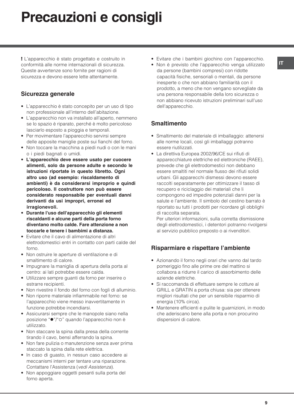 Precauzioni e consigli | Hotpoint Ariston Style FH 53 IX-HA User Manual | Page 9 / 72