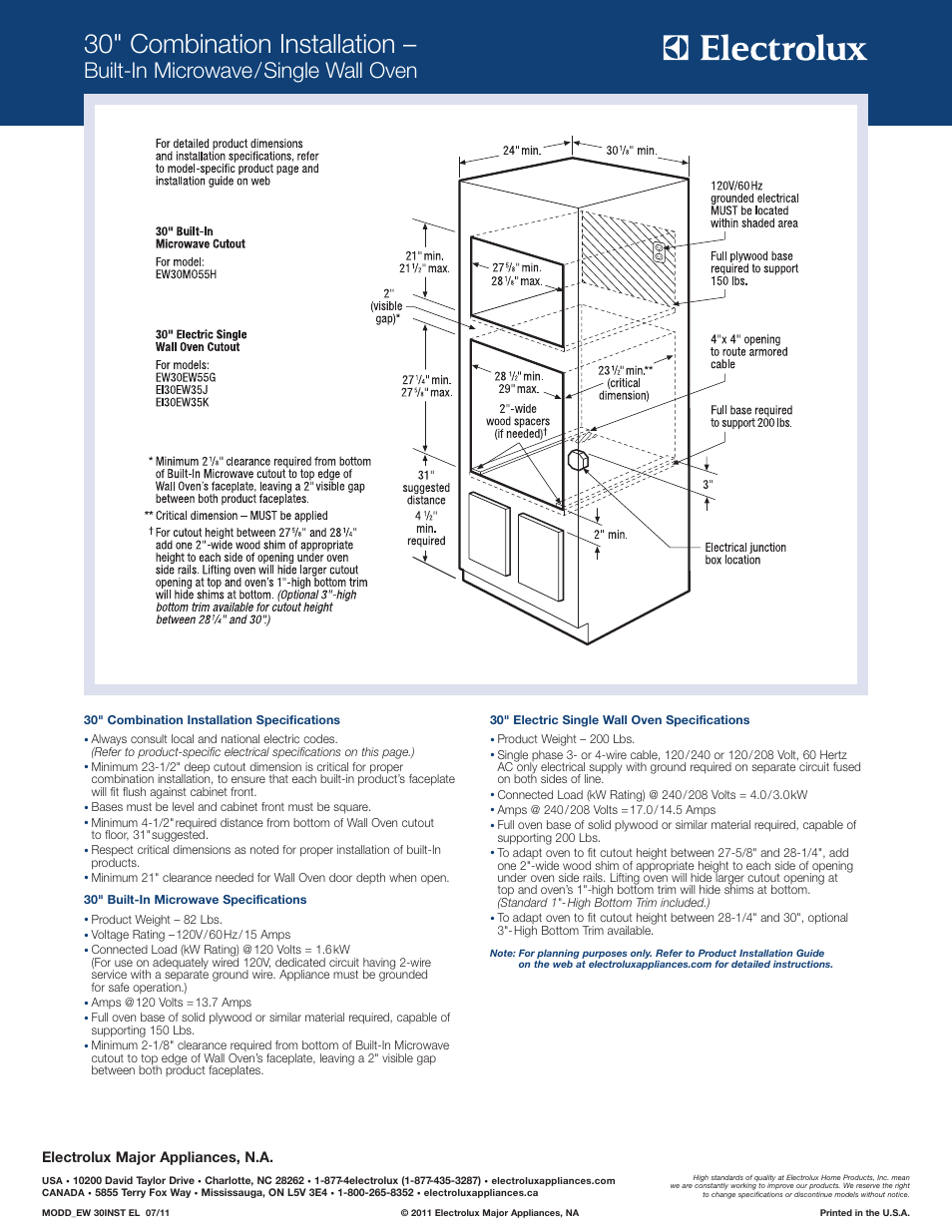 30" combination installation, Built-in microwave/single wall oven, Electrolux major appliances, n.a | Electrolux EW30EW55GS User Manual | Page 5 / 11