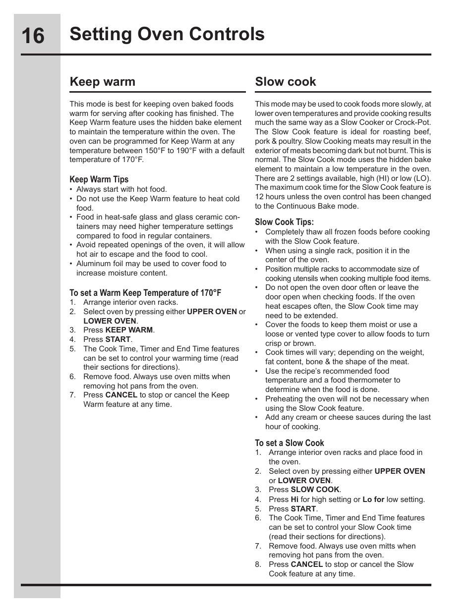 Setting oven controls, Keep warm slow cook | Electrolux EI30EW45KB User Manual | Page 16 / 32