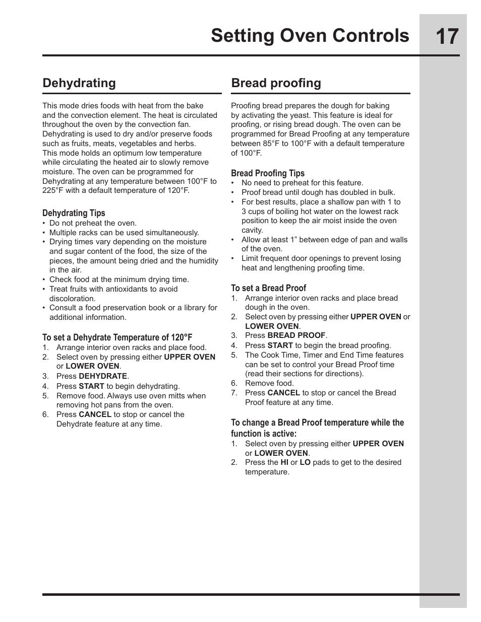 Setting oven controls, Dehydrating bread proofing | Electrolux EI30EW45KB User Manual | Page 17 / 32