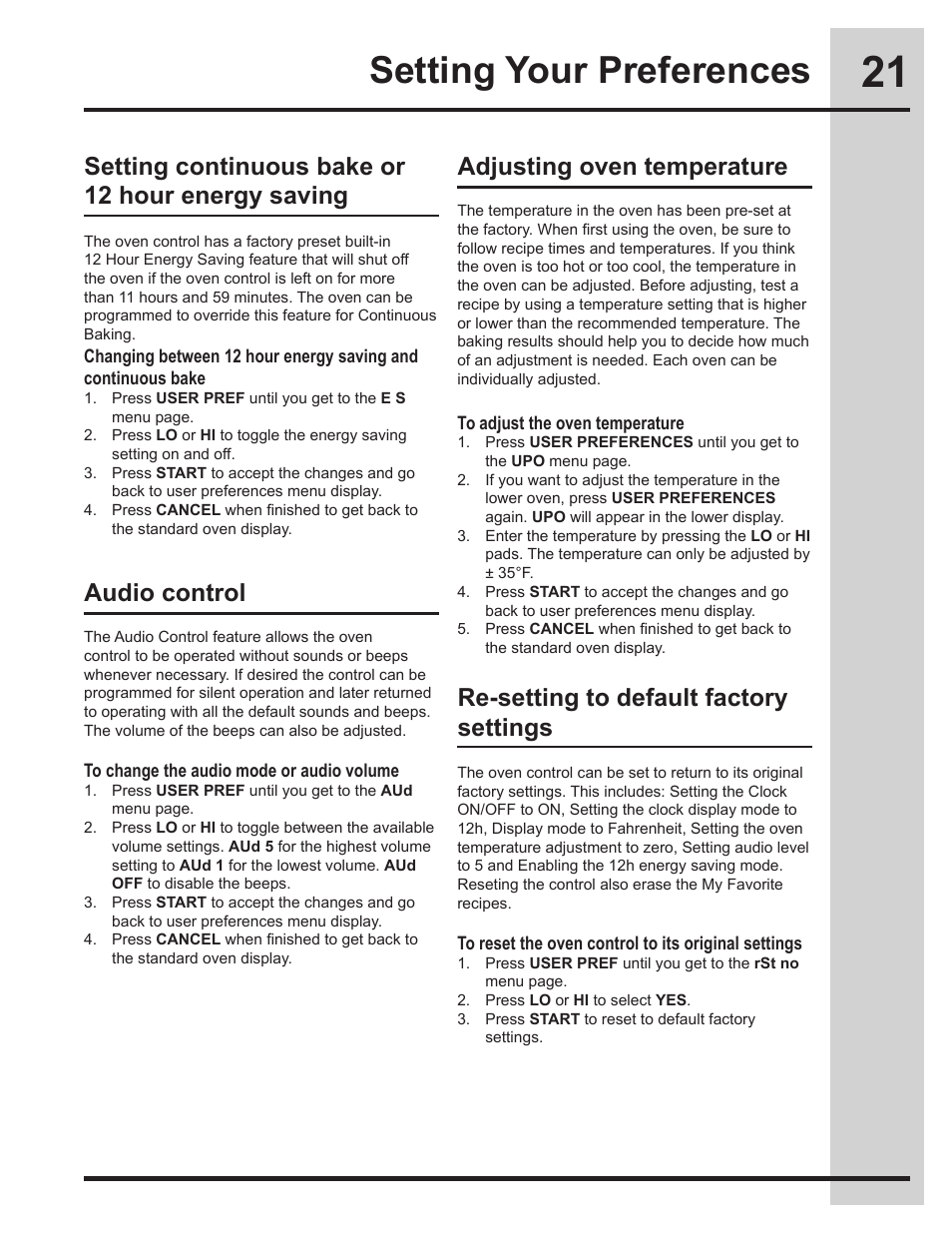 Setting your preferences, Setting continuous bake or 12 hour energy saving, Audio control | Adjusting oven temperature, Re-setting to default factory settings | Electrolux EI30EW45KB User Manual | Page 21 / 32
