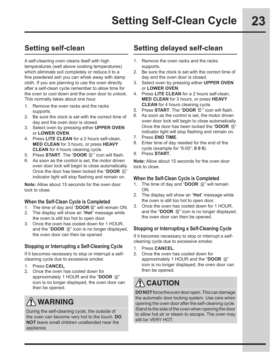 Setting self-clean cycle, Setting self-clean setting delayed self-clean | Electrolux EI30EW45KB User Manual | Page 23 / 32