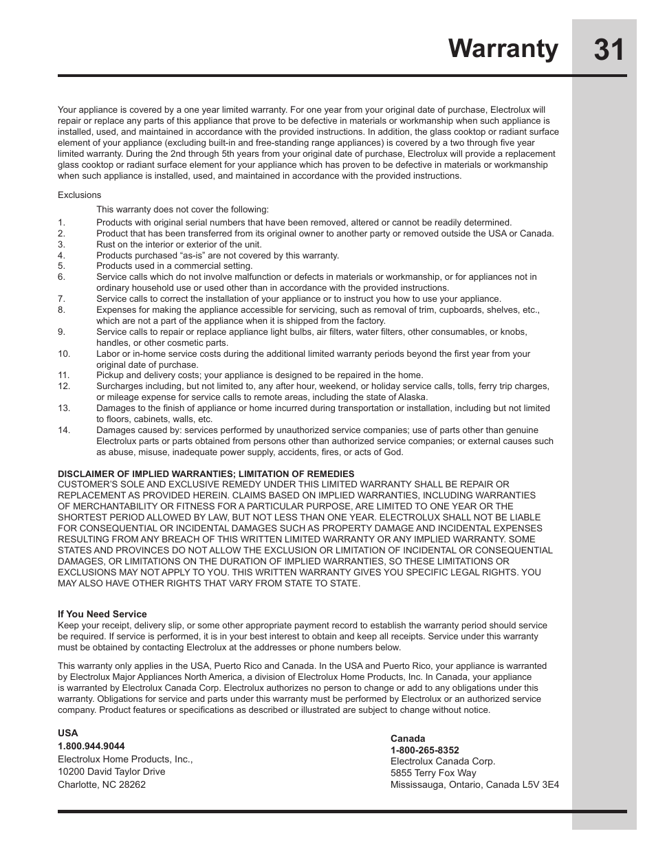 Warranty | Electrolux EI30EW45KB User Manual | Page 31 / 32