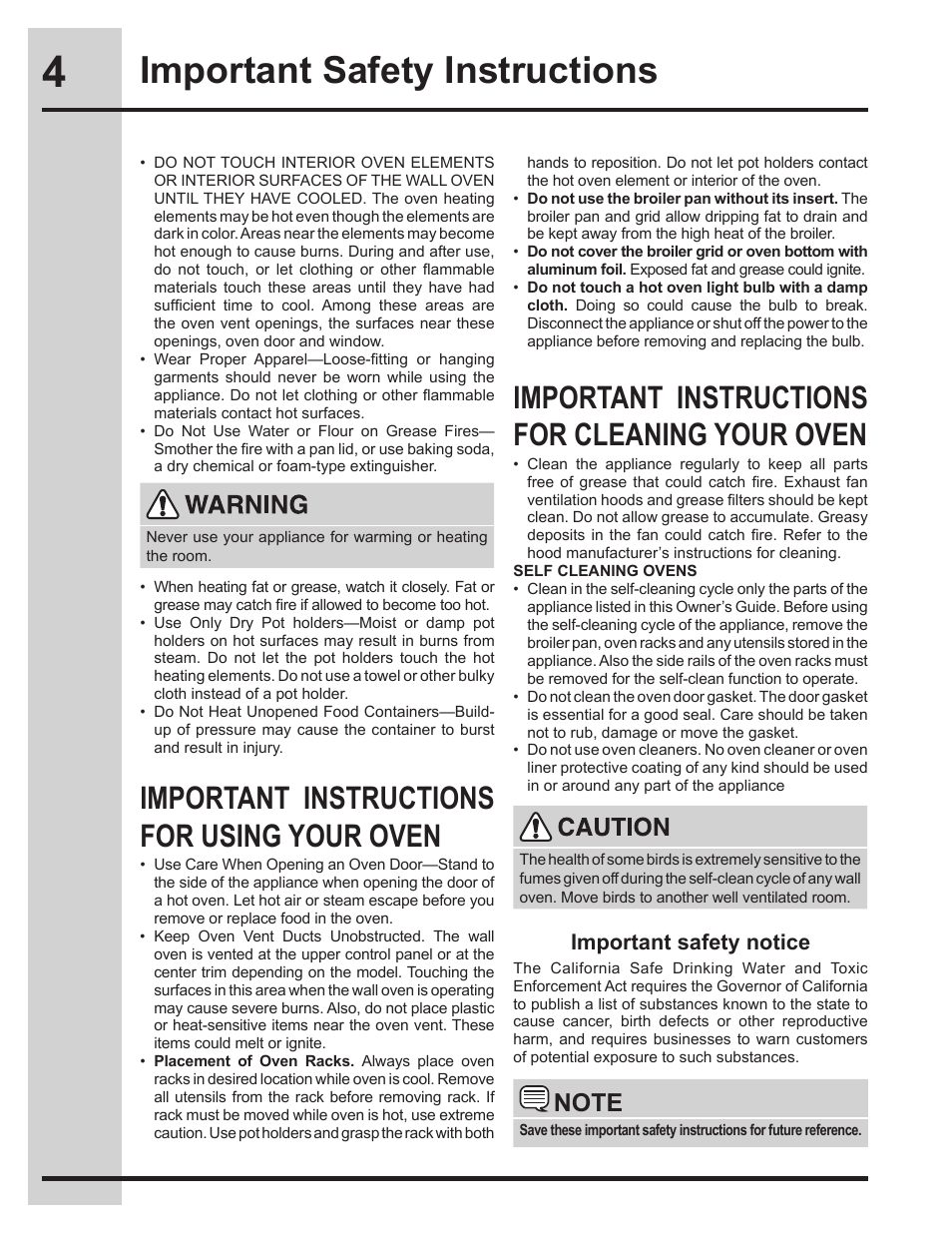 Important safety instructions, Important instructions for using your oven, Important instructions for cleaning your oven | Important safety notice | Electrolux EI30EW45KB User Manual | Page 4 / 32