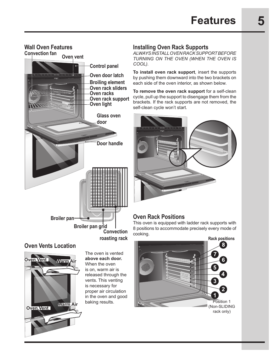 Features, Installing oven rack supports, Oven rack positions | Oven vents location, Wall oven features | Electrolux EI30EW45KB User Manual | Page 5 / 32