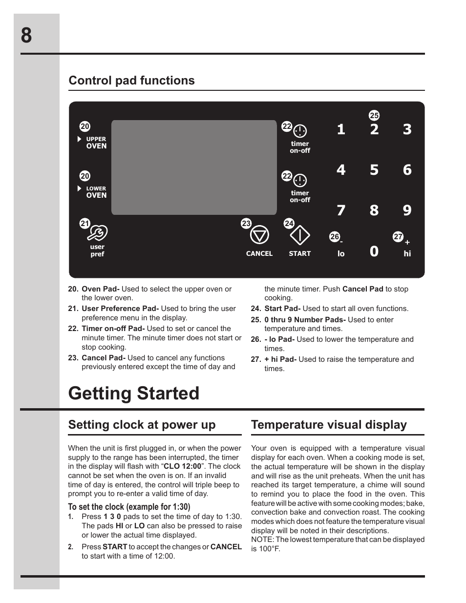 Getting started, Control pad functions | Electrolux EI30EW45KB User Manual | Page 8 / 32