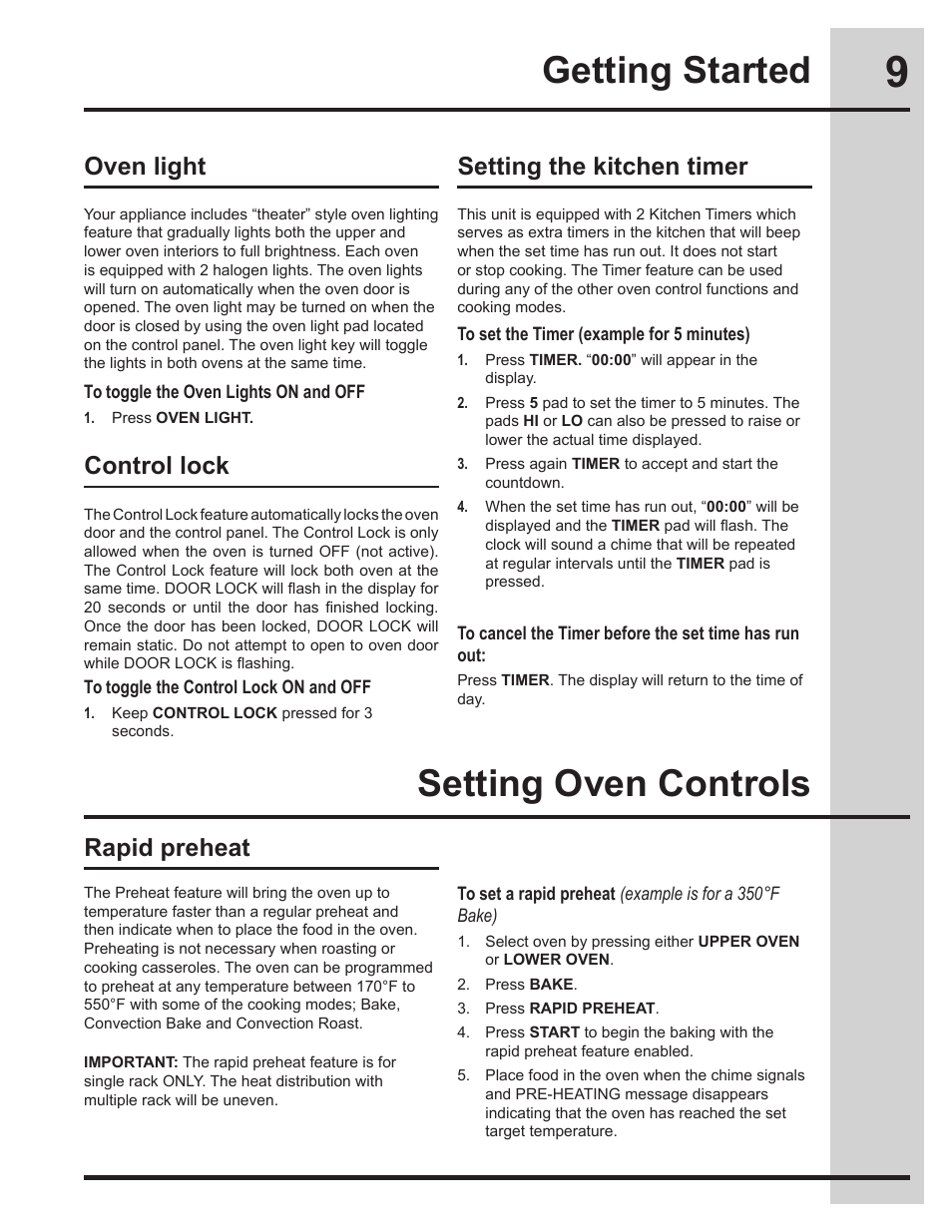 Setting oven controls getting started, Oven light setting the kitchen timer control lock, Rapid preheat | Electrolux EI30EW45KB User Manual | Page 9 / 32