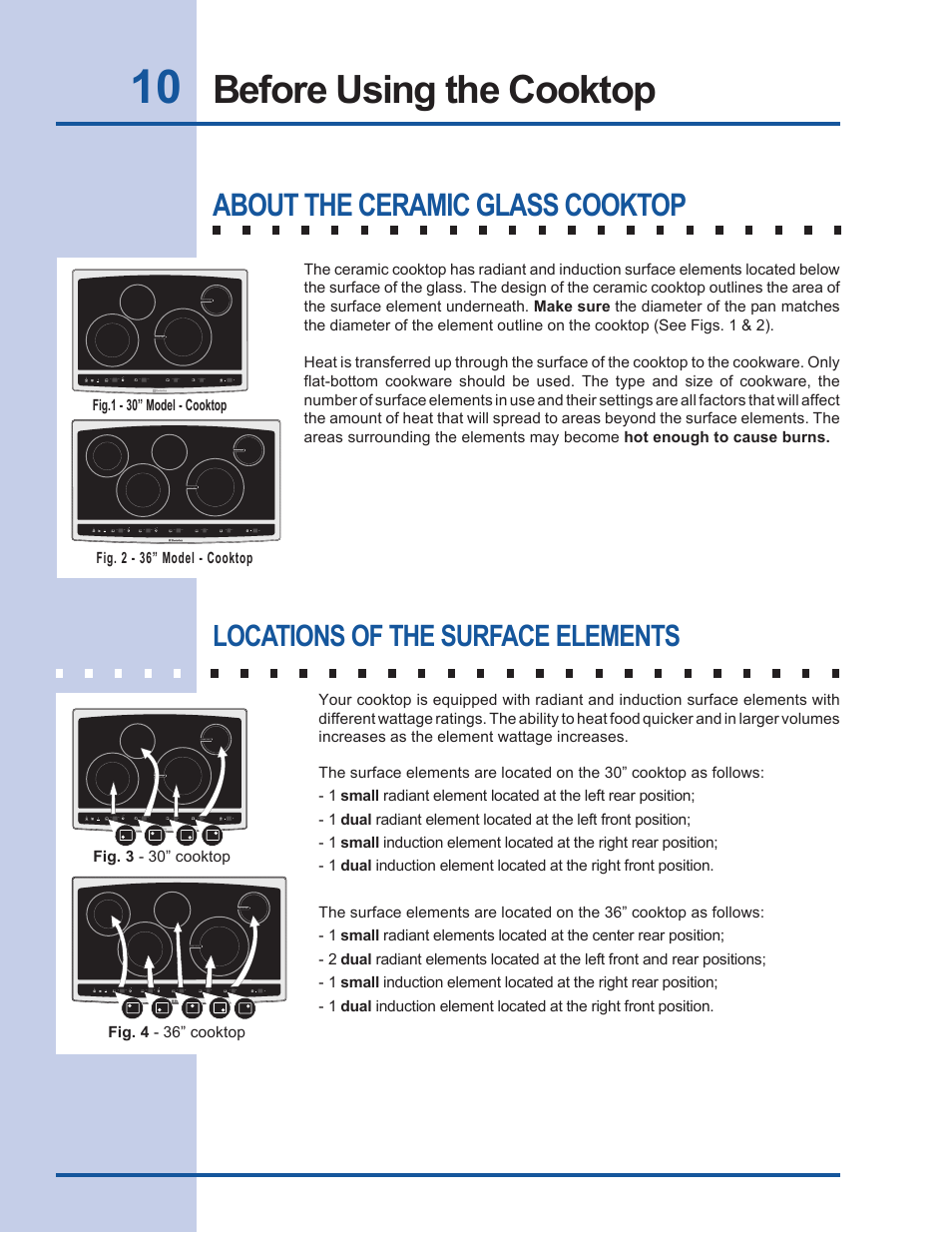 Before using the cooktop, About the ceramic glass cooktop, Locations of the surface elements | Electrolux EW30CC55GS User Manual | Page 10 / 32