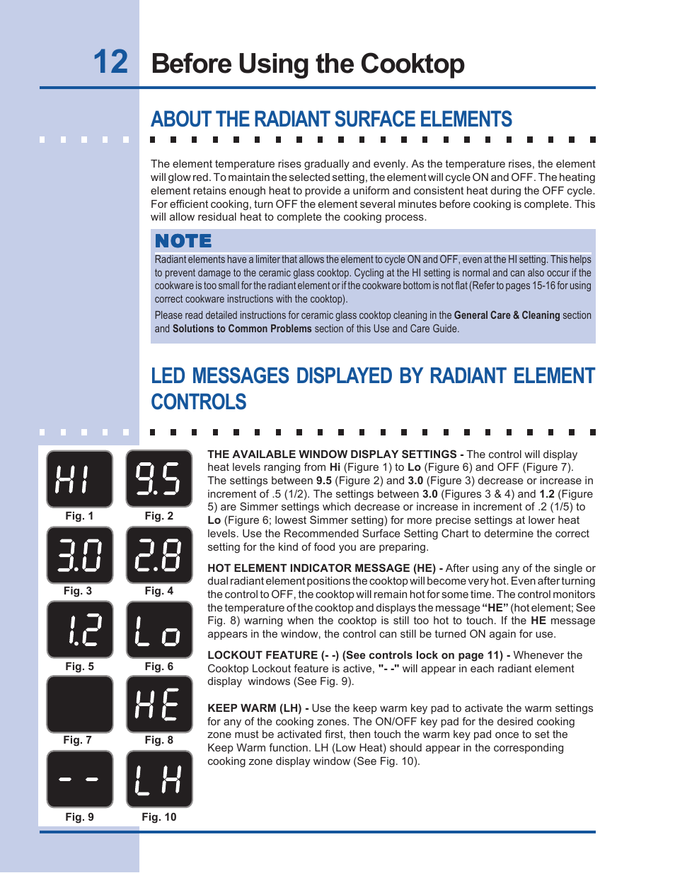 Before using the cooktop, Led messages displayed by radiant element controls, About the radiant surface elements | Electrolux EW30CC55GS User Manual | Page 12 / 32