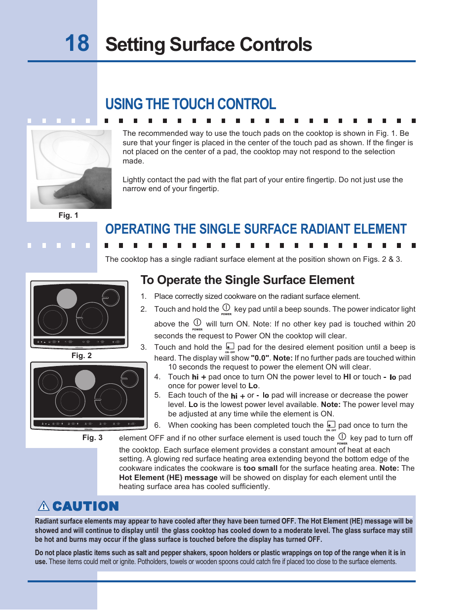 Setting surface controls, Using the touch control, Operating the single surface radiant element | Ca caution ution ution ution ution | Electrolux EW30CC55GS User Manual | Page 18 / 32