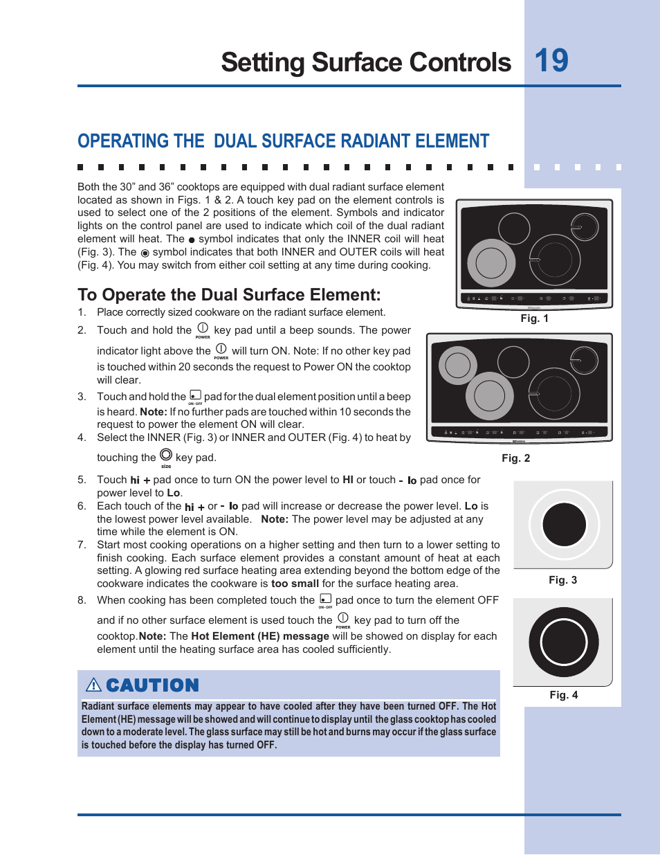 Setting surface controls, Operating the dual surface radiant element, Ca caution ution ution ution ution | Electrolux EW30CC55GS User Manual | Page 19 / 32