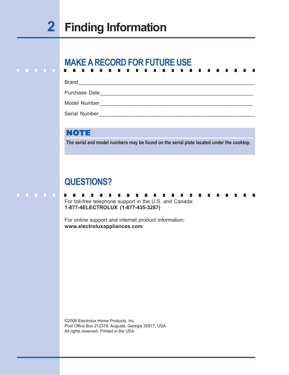 Finding information, Make a record for future use, Questions | Electrolux EW30CC55GS User Manual | Page 2 / 32