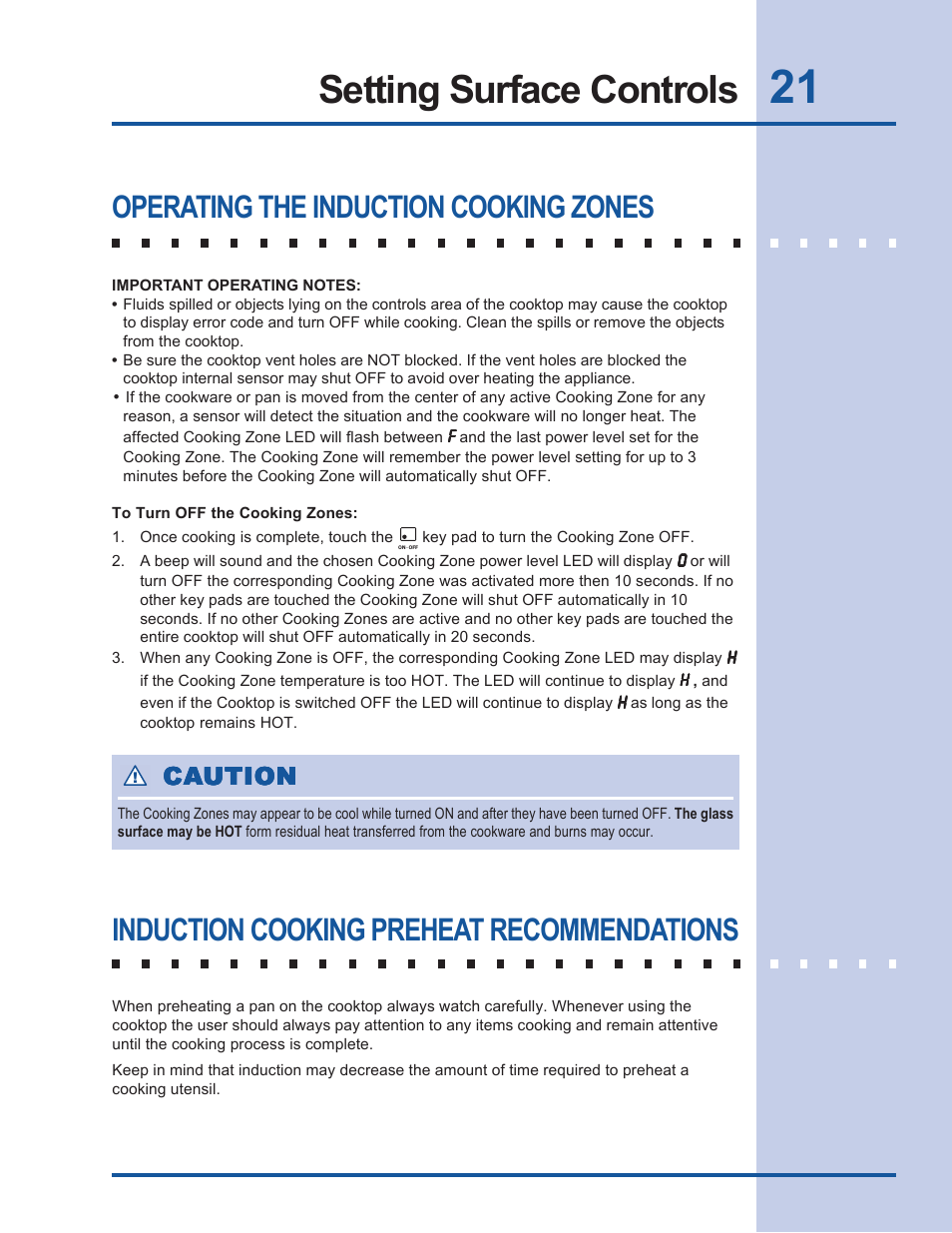 Setting surface controls, Operating the induction cooking zones, Induction cooking preheat recommendations | Ca caution ution ution ution ution | Electrolux EW30CC55GS User Manual | Page 21 / 32