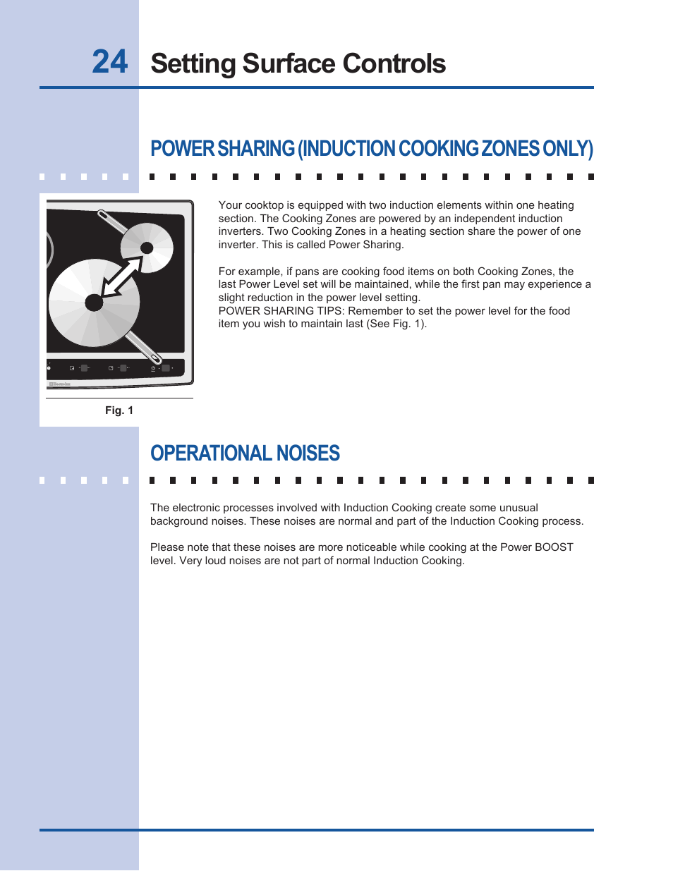 Setting surface controls, Power sharing (induction cooking zones only), Operational noises | Electrolux EW30CC55GS User Manual | Page 24 / 32