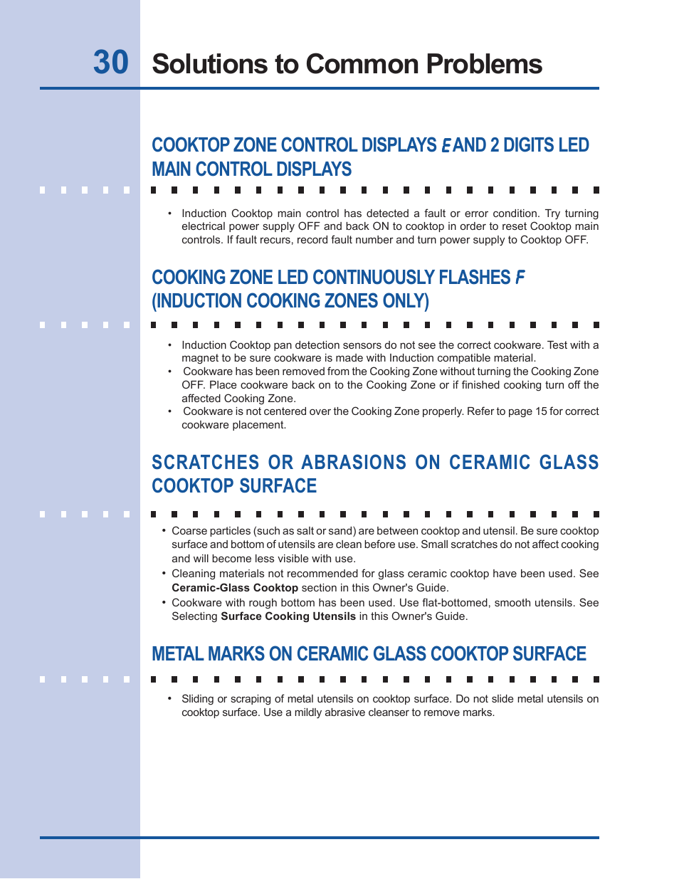 Solutions to common problems, Metal marks on ceramic glass cooktop surface | Electrolux EW30CC55GS User Manual | Page 30 / 32