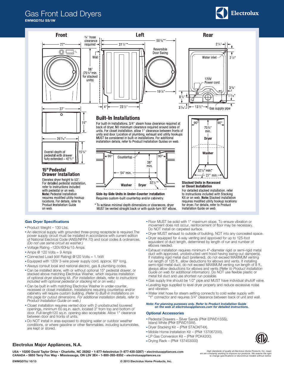 Wave-touch gas dryer ewmgd70j (steam), Gas front load dryers | Electrolux EWMGD70JIW User Manual | Page 2 / 2