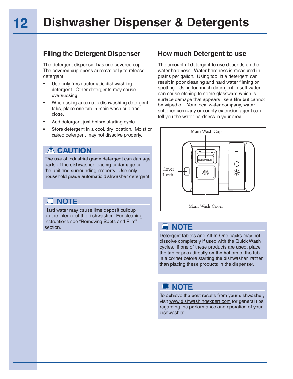 Dishwasher dispenser & detergents, Caution | Electrolux EI24ID30QS User Manual | Page 12 / 60