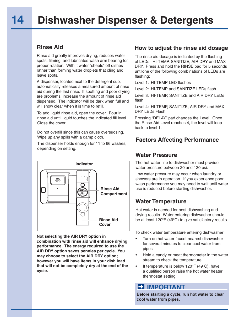 Dishwasher dispenser & detergents, Important, Rinse aid | Water pressure, How to adjust the rinse aid dosage, Water temperature, Factors affecting performance | Electrolux EI24ID30QS User Manual | Page 14 / 60