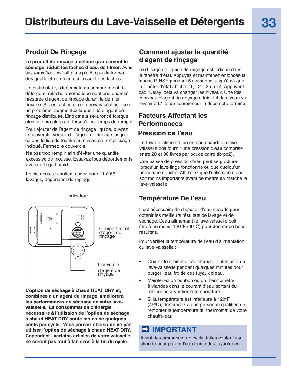 Distributeurs du lave-vaisselle et détergents, Important, Produit de rinçage | Pression de l’eau, Comment ajuster la quantité d’agent de rinçage, Température de l’eau, Facteurs affectant les performances | Electrolux EI24ID30QS User Manual | Page 33 / 60